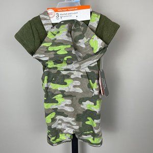 Wonder Nation 3 Piece Shortall, Tee & Hat Camo Green 3-6 M‎